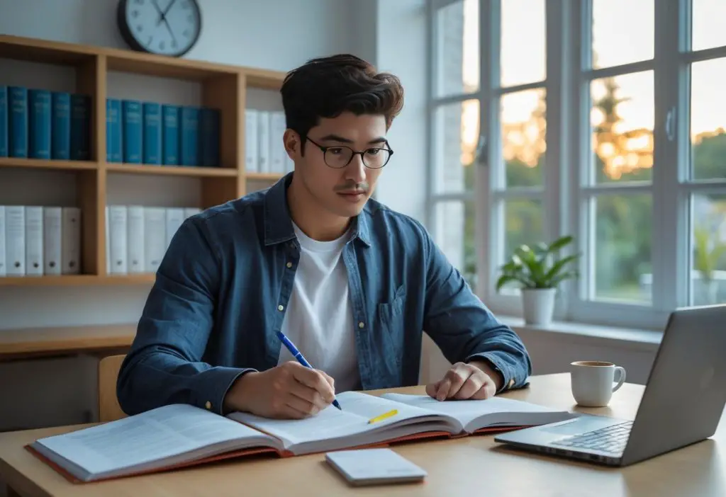 male student reviewing for LSAT