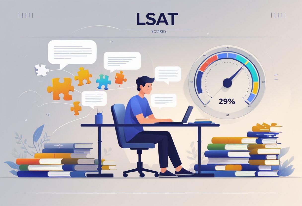 A student studying at a desk surrounded by icons representing different LSAT test sections and a gauge showing an average score level.