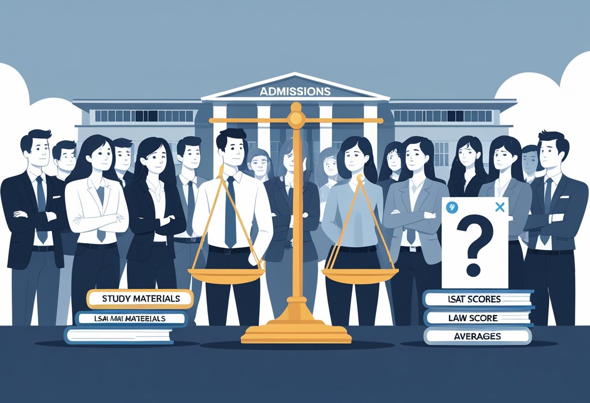 A balanced scale with books on one side and an LSAT score report on the other, surrounded by law school applicants in front of a law school building.