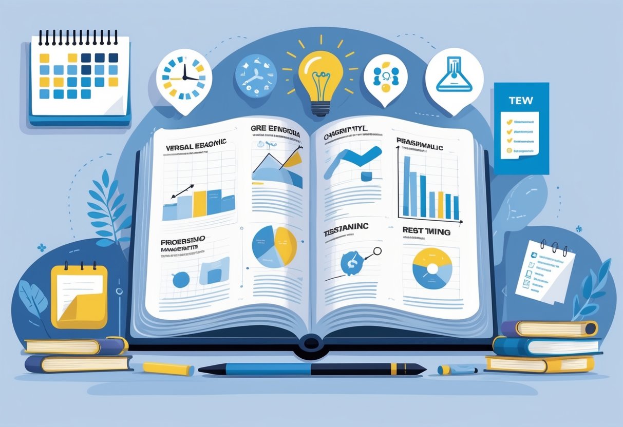 A student studying at a desk with an open book, laptop, and study materials, surrounded by icons representing GRE test sections and strategies.