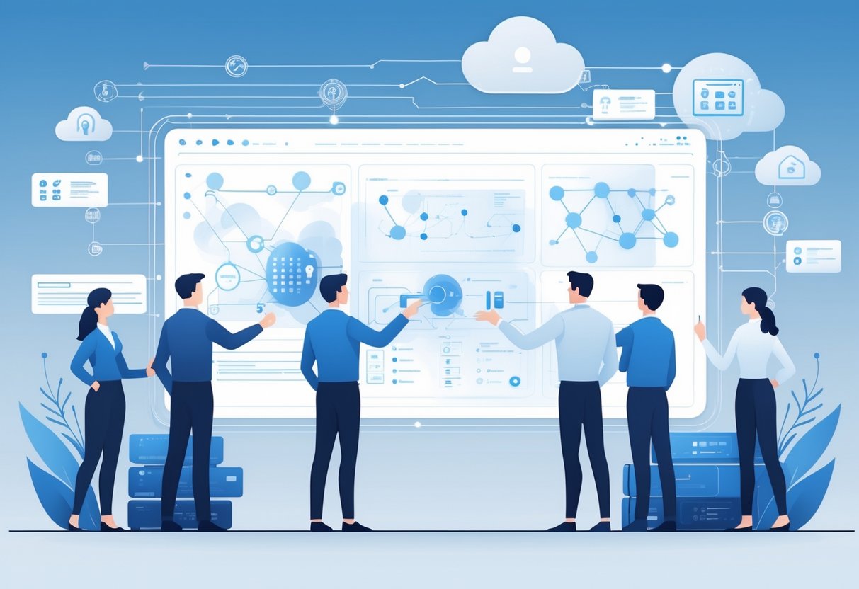 A group of professionals collaborating around a digital interface showing data and network connections, with one person interacting with a touchscreen and background elements representing servers and cloud infrastructure.