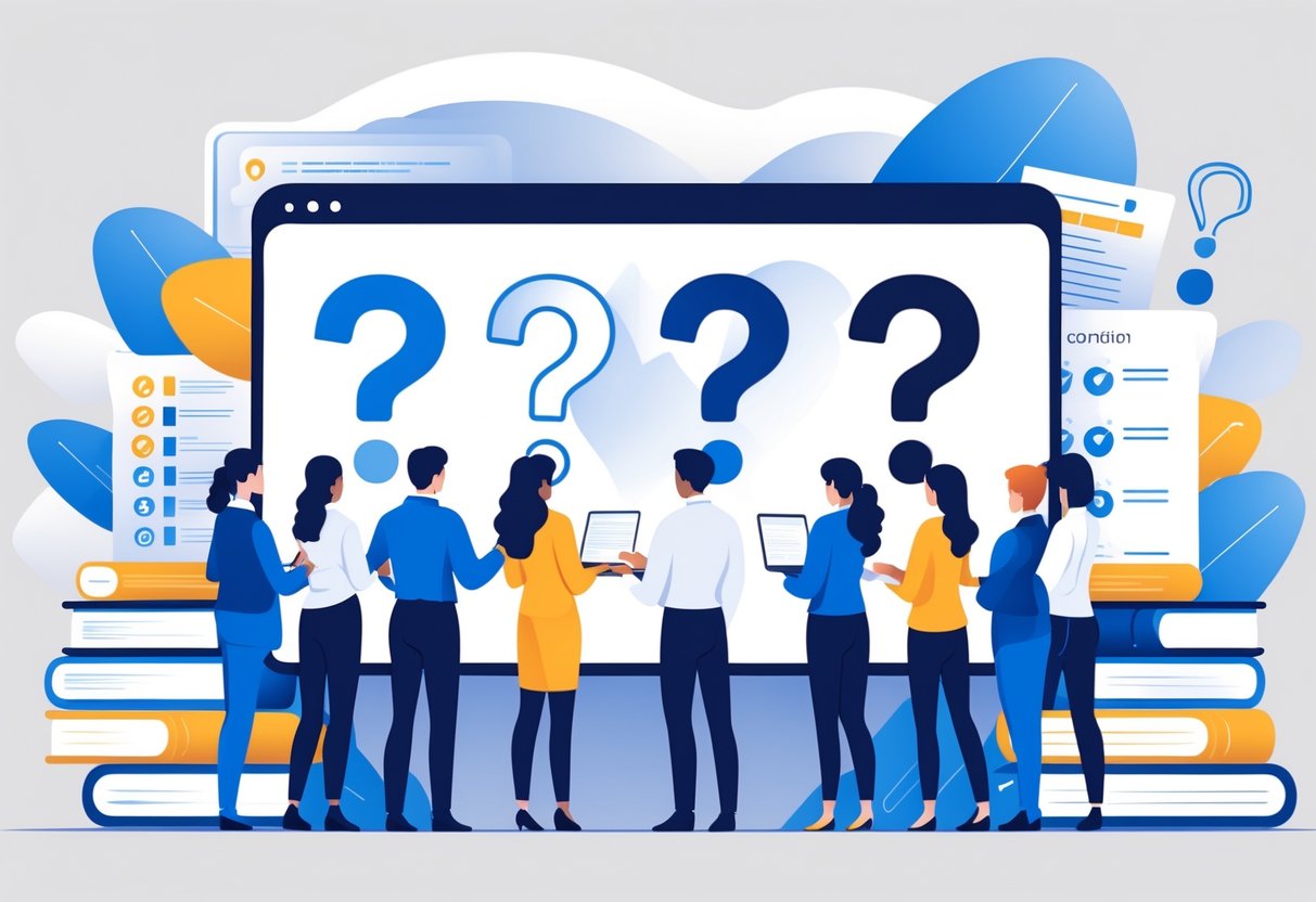 A group of people gathered around a large digital screen with question marks and learning icons, surrounded by books and laptops.