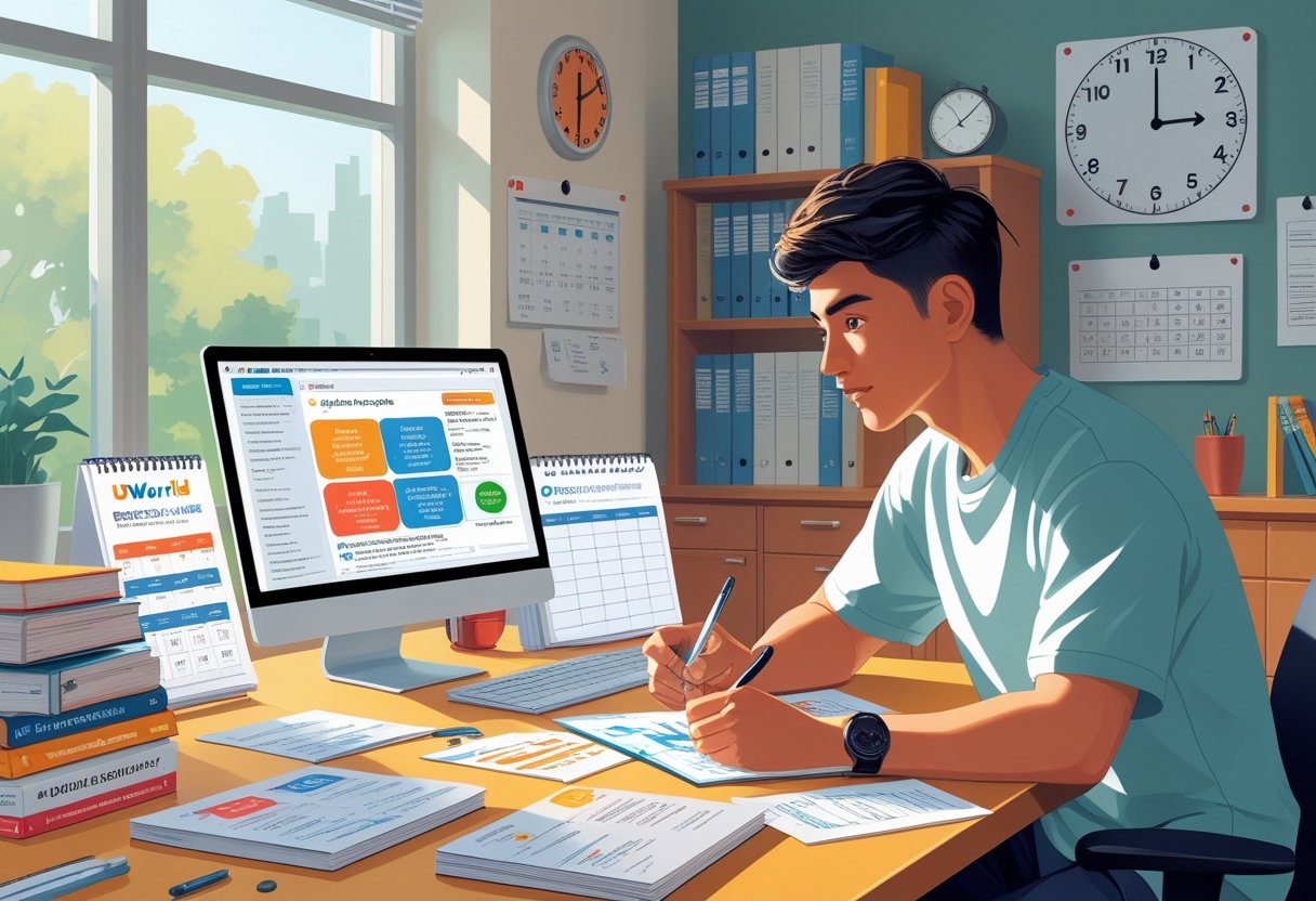 A student studying at a desk with a laptop and MCAT study materials, taking notes in a well-organized room with books and a calendar.