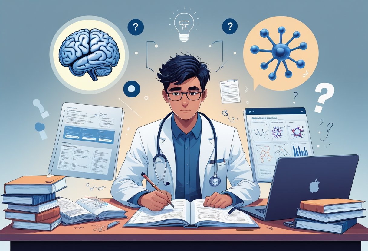 A medical student studying at a desk filled with books and a laptop, surrounded by symbols representing challenging medical exam preparation.
