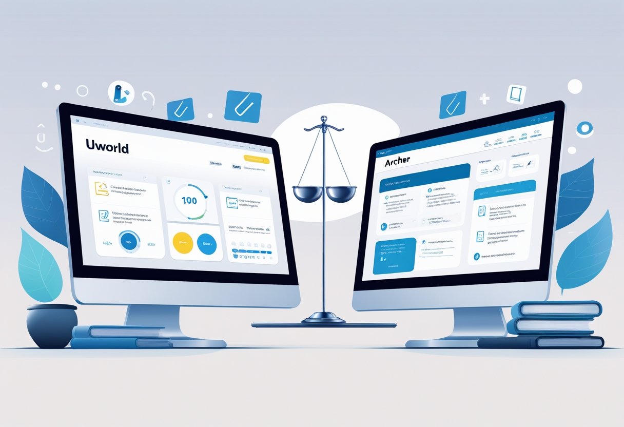 Two computer screens side by side showing different digital learning platforms with educational icons and a balanced scale between them indicating comparison.