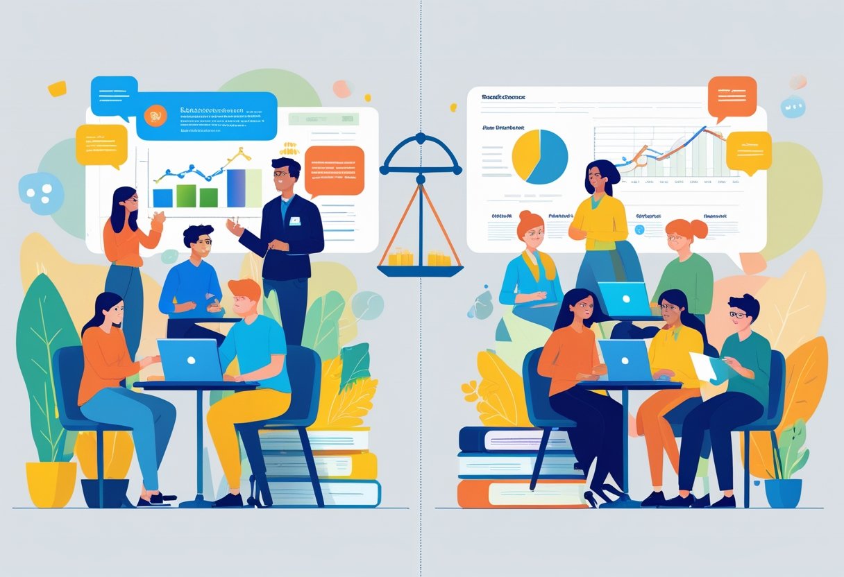 Two groups of students and educators in a modern classroom setting, each group working with digital devices and data visuals, representing a comparison of student outcomes and community feedback between two educational platforms.