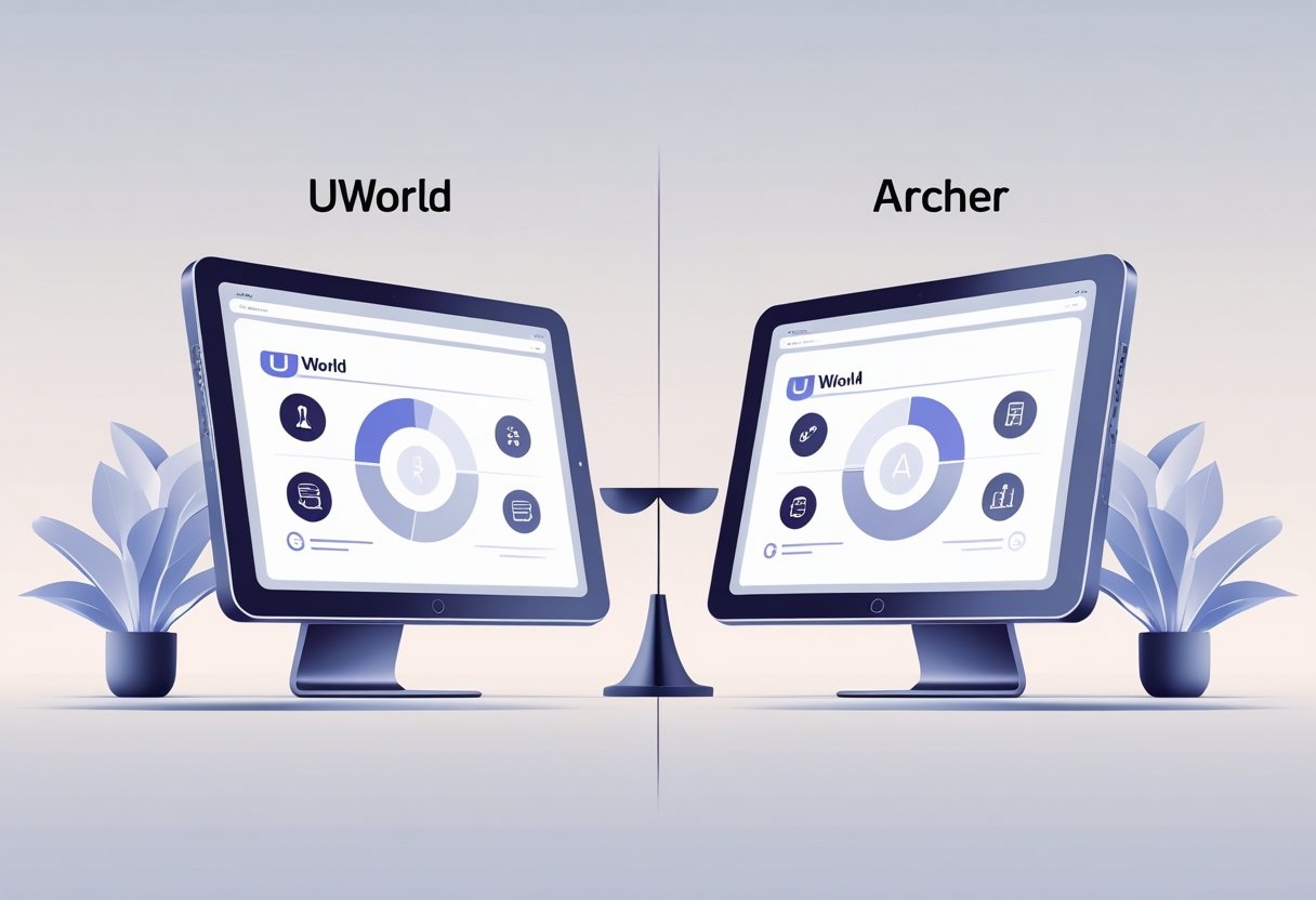 Two modern digital devices facing each other on a desk with abstract icons, connected by a balanced scale symbolizing comparison.
