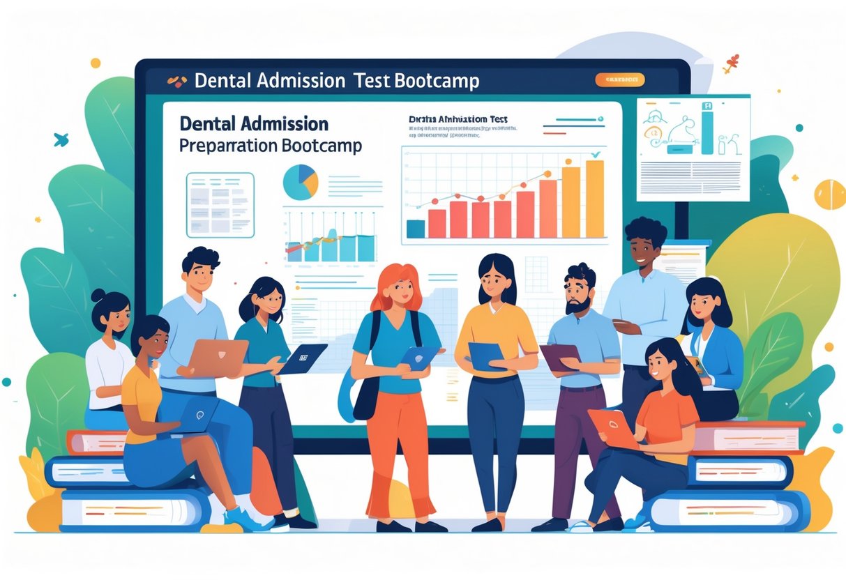 A group of diverse students and professionals studying and collaborating in a bright classroom with educational materials and charts on a screen.