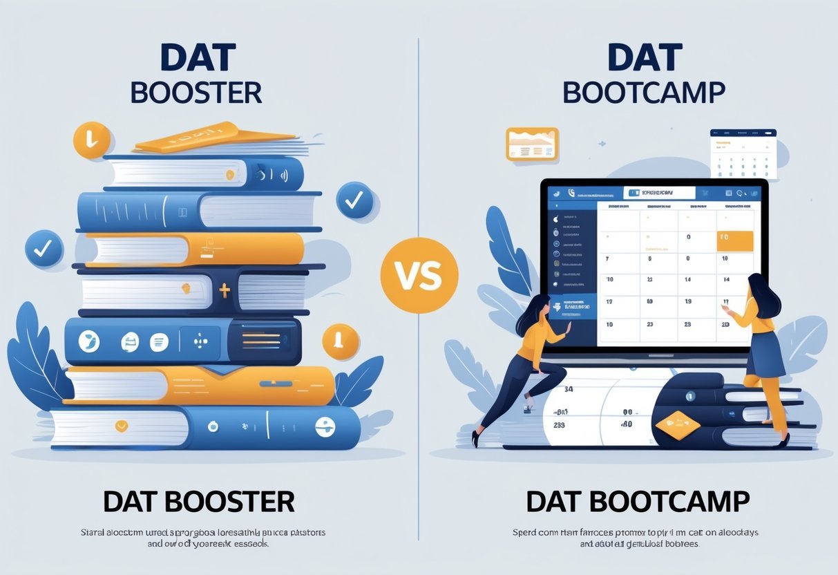 An illustration comparing two study setups: one with organized books and digital flashcards, and the other with a laptop showing an online course and people collaborating.