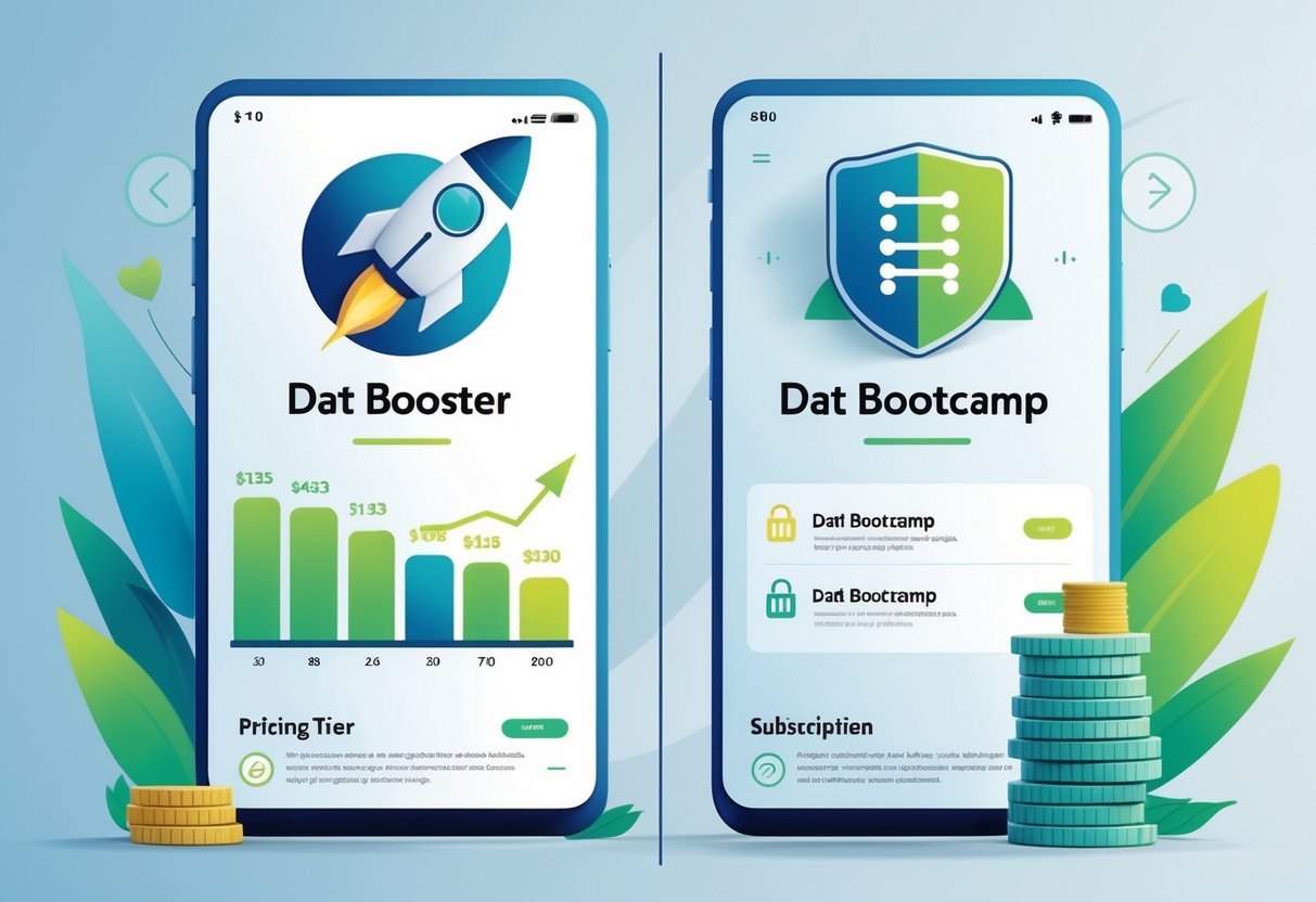 A side-by-side comparison of two subscription plans with icons representing a rocket for Dat Booster and a shield for Dat Bootcamp, alongside symbols of pricing and subscription options.