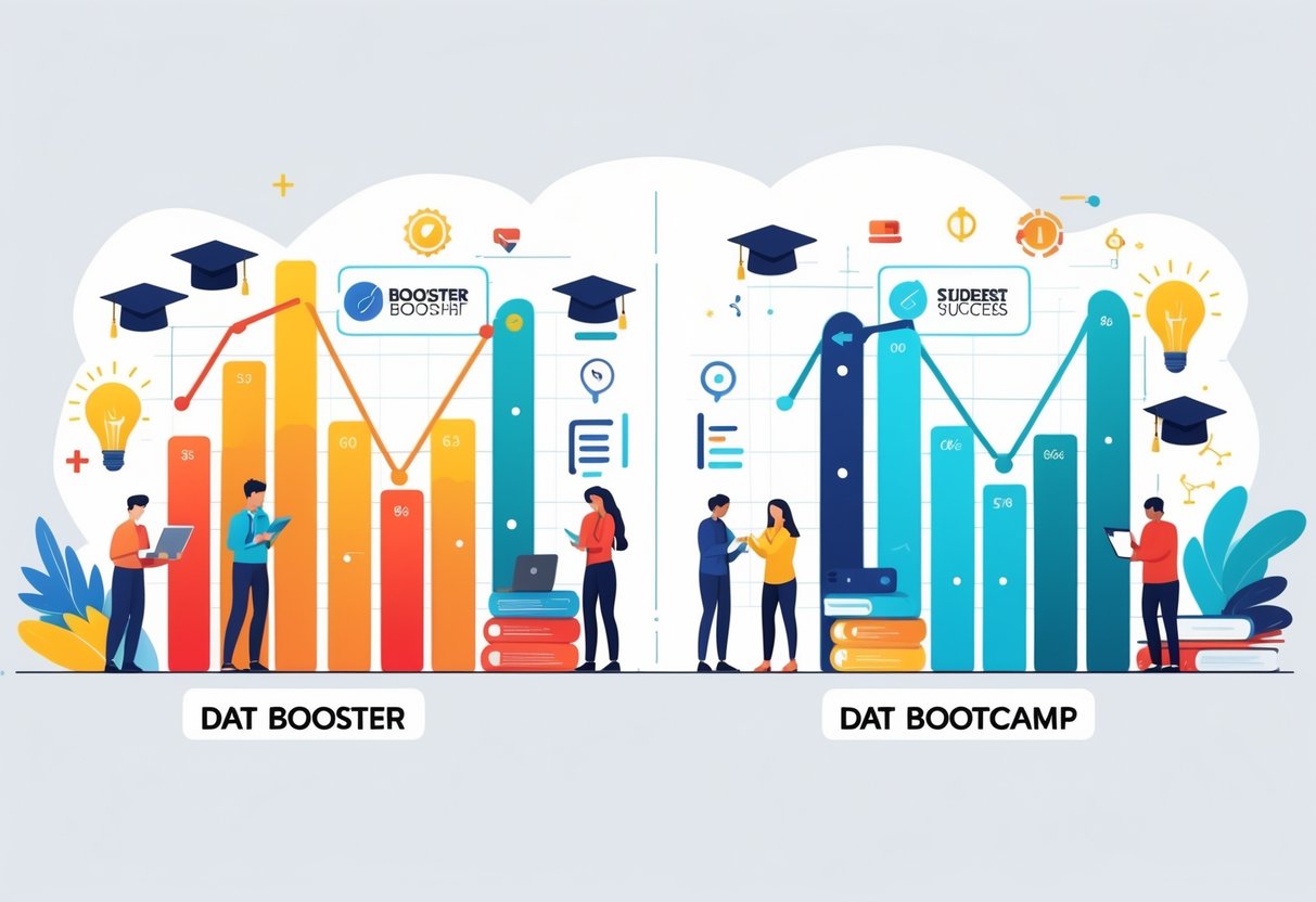 Two side-by-side charts comparing student performance and success rates for two educational programs, with students studying and collaborating around them.
