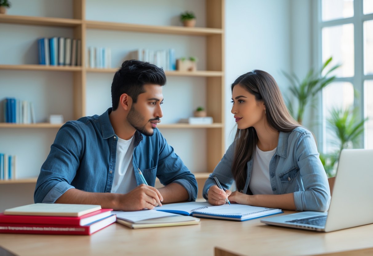 A tutor and a student sitting at a table engaged in a one-on-one tutoring session with books and a laptop nearby.