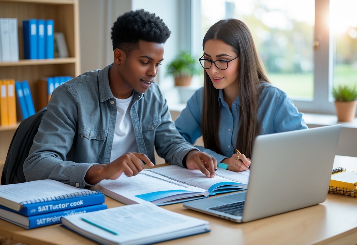 A tutor and a student sitting at a desk engaged in a one-on-one SAT tutoring session with study materials and a laptop.