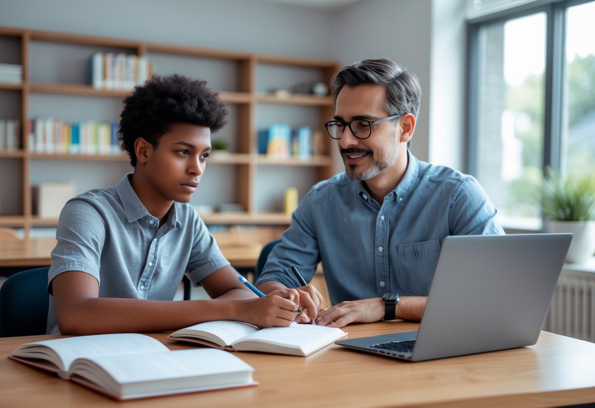 A tutor and a student sitting at a table engaged in a one-on-one SAT tutoring session in a bright study room.