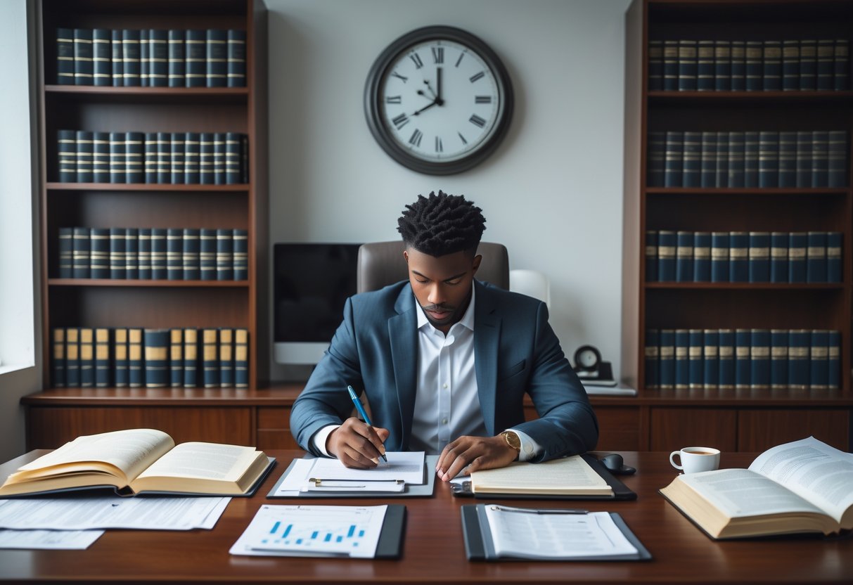 A focused young adult studying law books and notes at a desk with a clock on the wall and a laptop nearby.