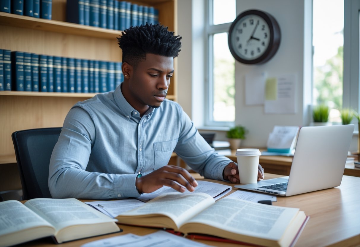 A young adult studying law books at a desk in a bright room with a laptop and coffee.