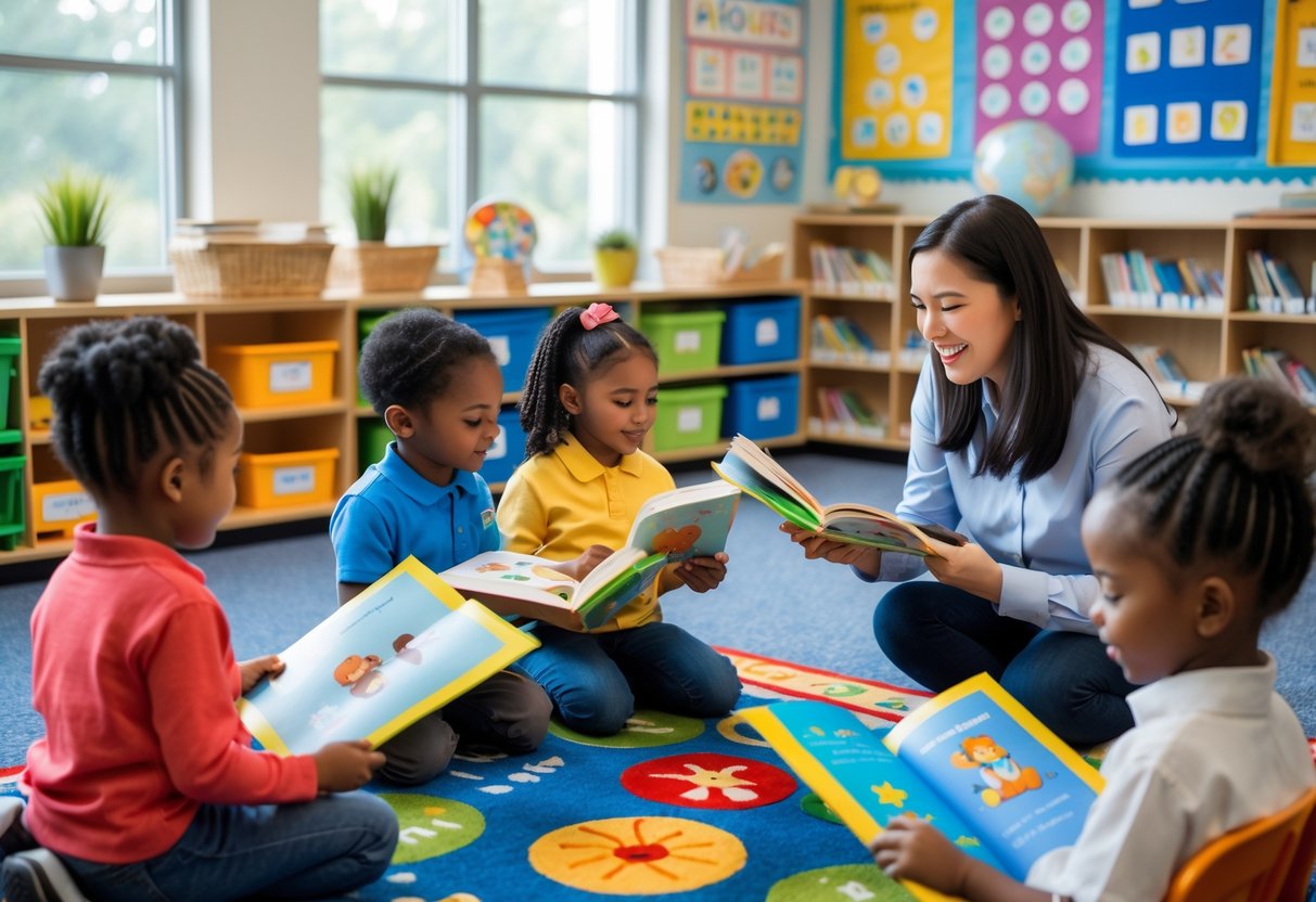 A teacher helping first grade students read books in a bright classroom filled with educational materials.