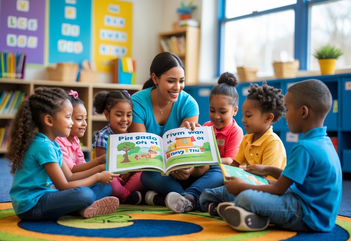 A teacher reading a book to a group of first grade children sitting on a rug in a classroom filled with books and educational posters.