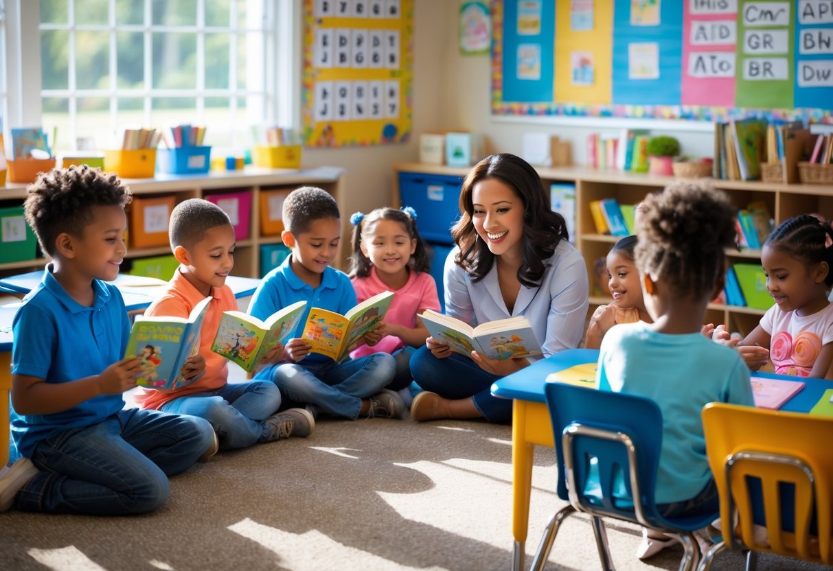 A first grade teacher helping young students read books in a bright and colorful classroom.