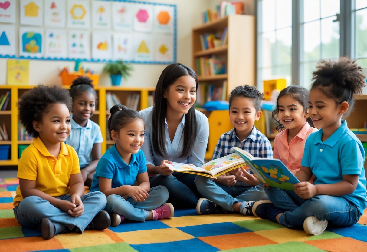 A group of young children sitting on a colorful rug in a classroom with a teacher showing them a picture book.