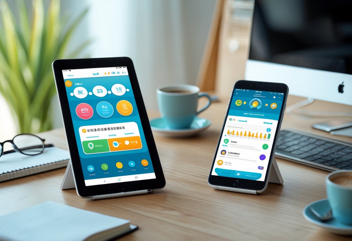 Two digital devices on a desk displaying different language learning app interfaces, surrounded by a notebook, coffee cup, and glasses.