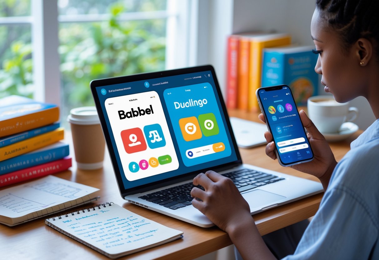 A young woman sitting at a desk comparing two language learning apps on a laptop, with books and a coffee cup nearby.