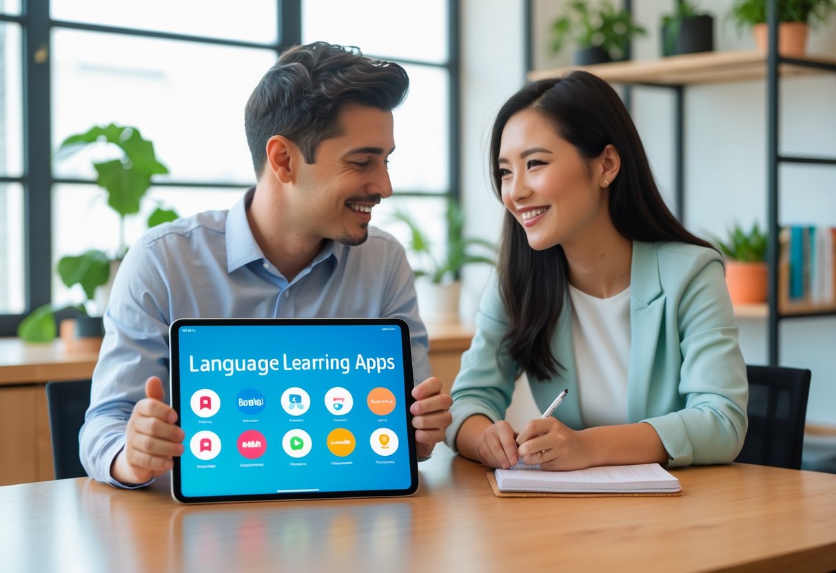 Two professionals in an office discussing language learning apps while one holds a tablet and the other takes notes.