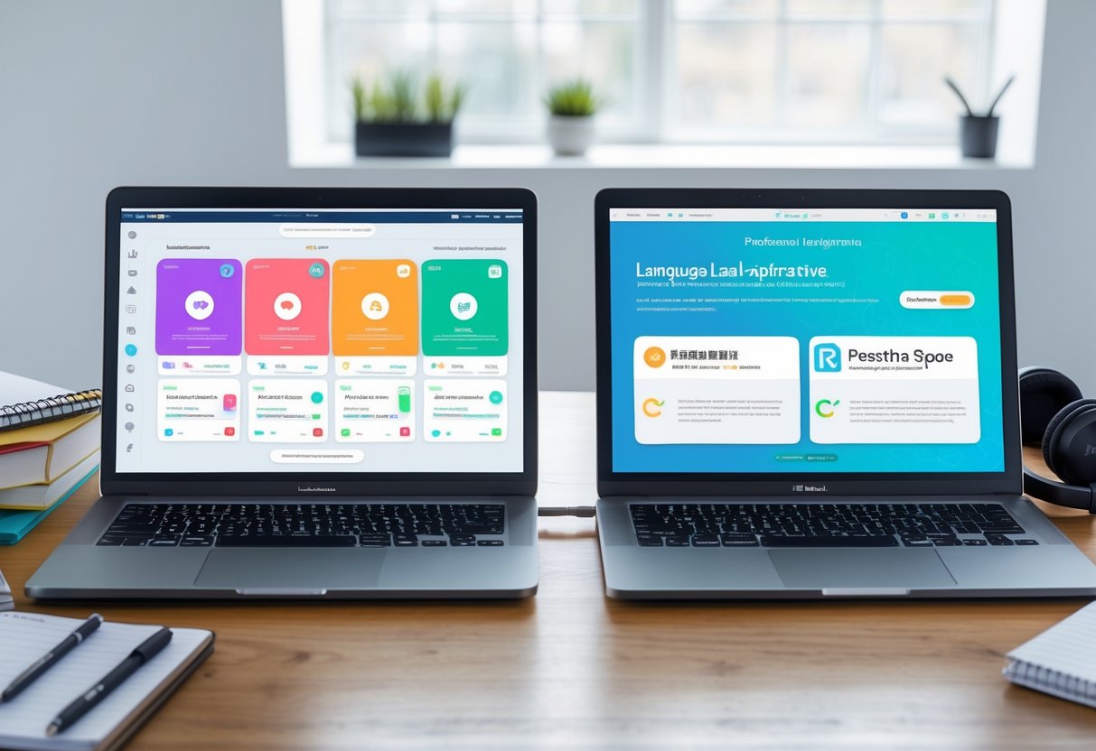 A workspace with two laptops side by side showing different language learning app interfaces, surrounded by study materials on a wooden desk.