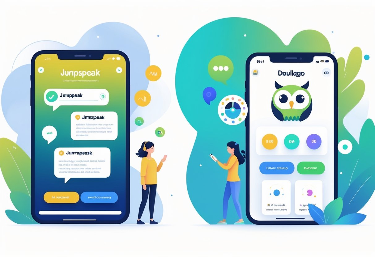 A split scene showing two people using different language learning apps on devices, highlighting interactive speech on one side and gamified lessons with progress icons on the other.