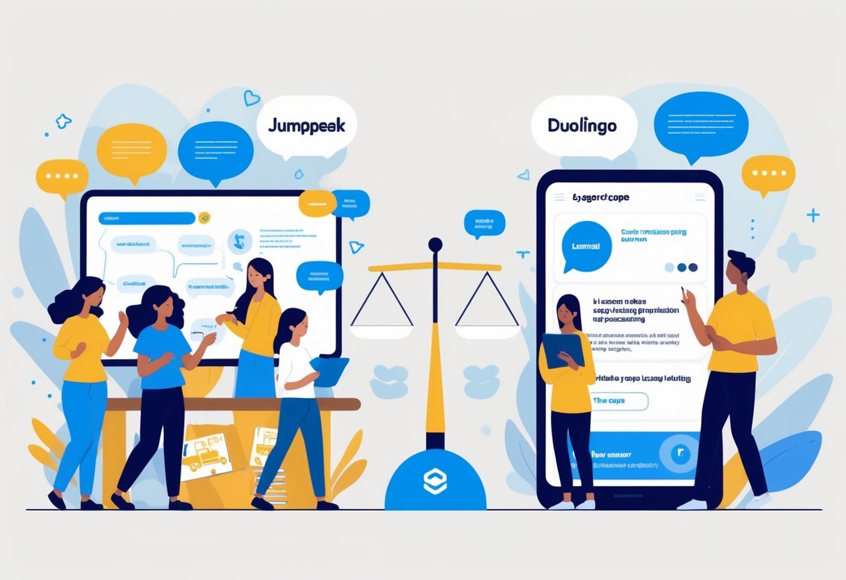Two side-by-side scenes showing people learning languages: one in a lively classroom with conversations, the other using a language app on a mobile device.