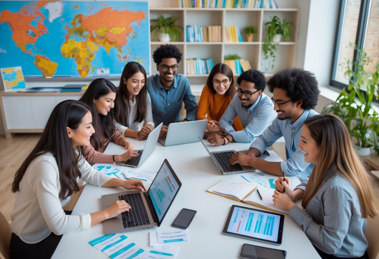 A group of young adults studying together around a table with laptops and language learning materials.