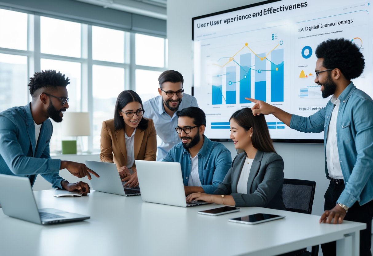 A diverse group of people working together in a modern office, analyzing data on digital devices and a large screen.