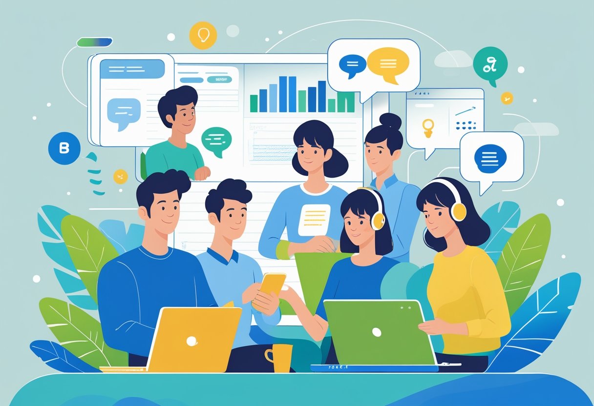 People using digital devices to learn languages, with icons representing speech and learning floating around them.