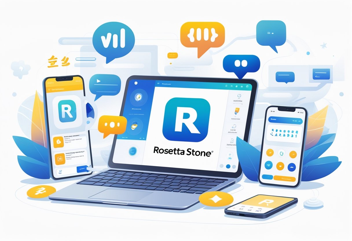 A digital workspace with a laptop showing the Rosetta Stone logo, surrounded by icons representing other language learning apps and subtle charts in the background.