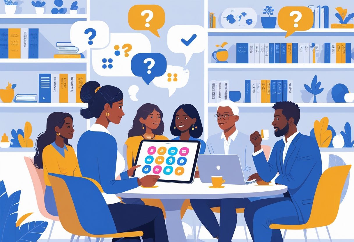 A group of diverse people in an office discussing language learning with a woman holding a tablet showing app icons, surrounded by laptops and books.