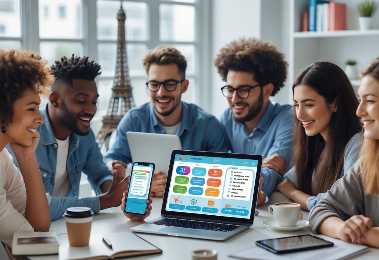 A group of young adults using digital devices to learn French together at a bright workspace with French-themed items on the desk.