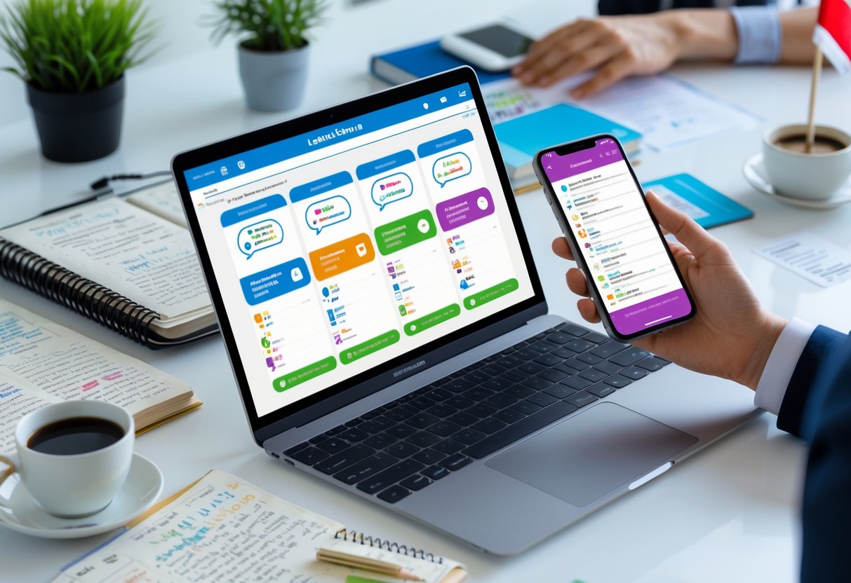 A workspace with a laptop and smartphone showing French learning apps, surrounded by study materials and a small French flag.