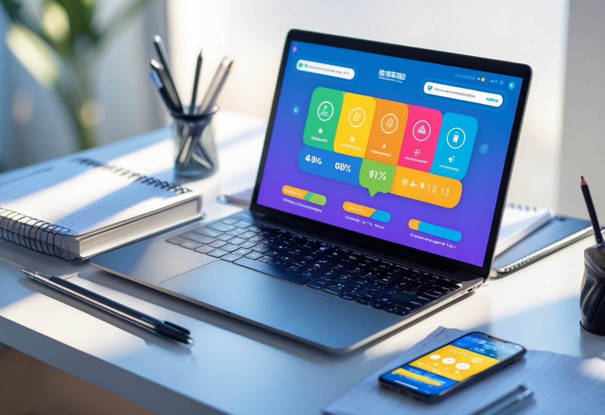 A laptop on a desk showing a language learning app interface with notebooks and a smartphone nearby in a bright workspace.