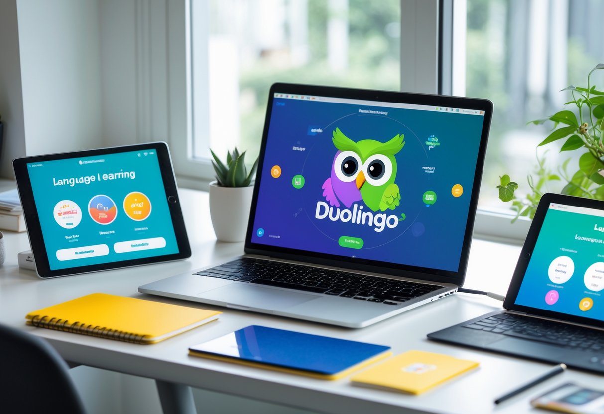 A workspace with a laptop showing a colorful language learning app featuring a green owl mascot, surrounded by other devices displaying different language apps, with study materials on the desk.