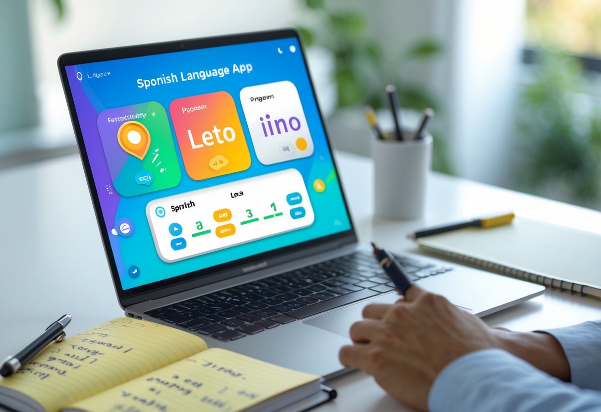 A workspace with a laptop showing a language learning app, a notebook with Spanish words, and a smartphone on a desk in a bright room.