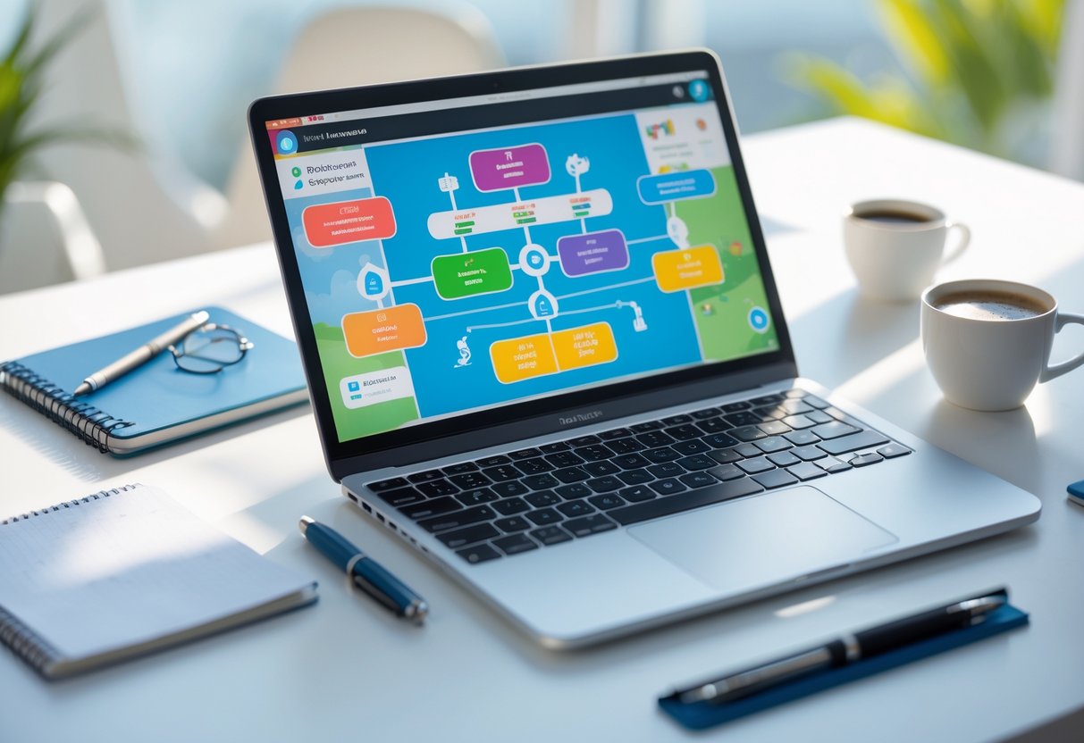A laptop on a desk showing a language learning app with multiple Spanish course units, surrounded by study materials in a bright workspace.