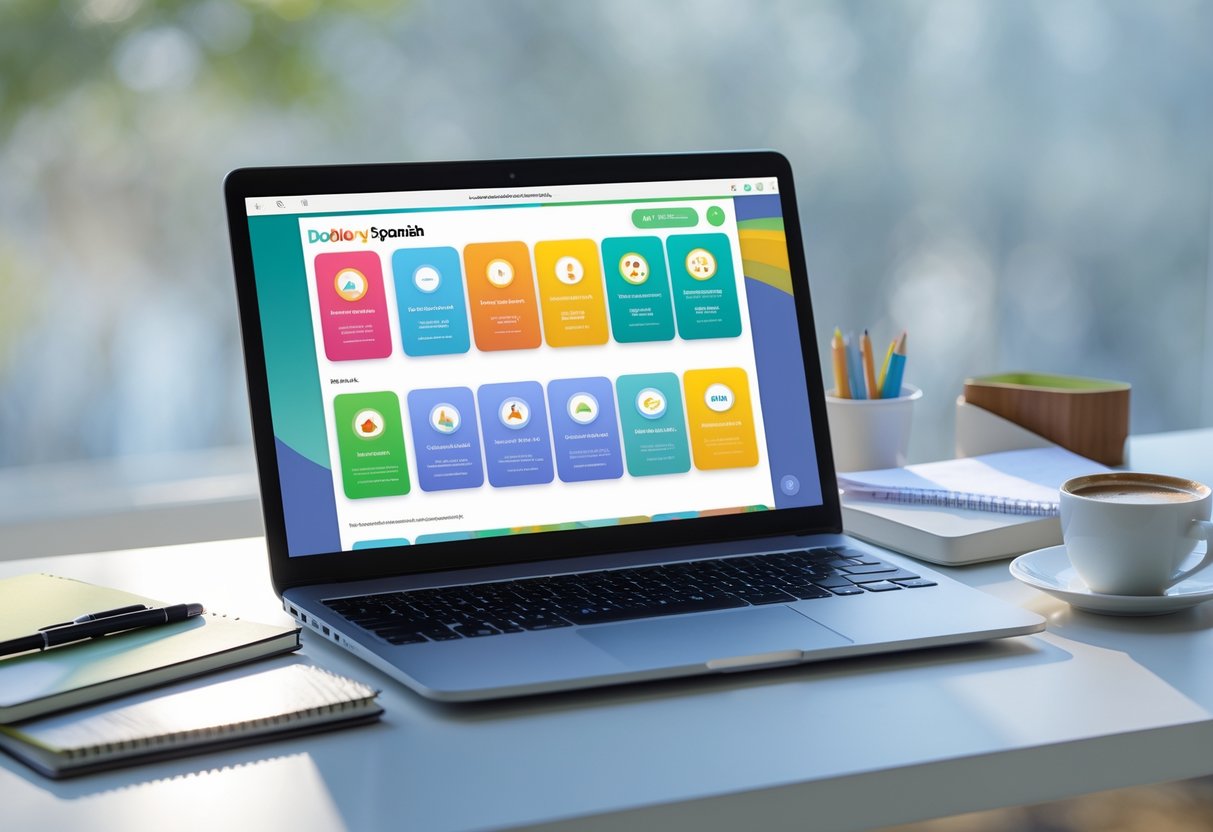 A laptop on a desk showing a language learning app with multiple colorful lesson units, surrounded by study materials like a notebook and coffee cup.