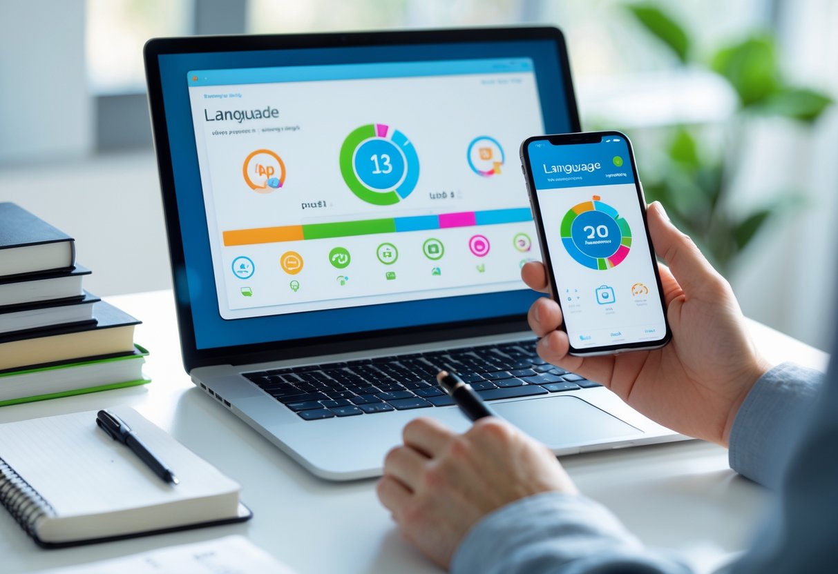 A person using a laptop and smartphone at a desk with language learning materials in a bright home office.