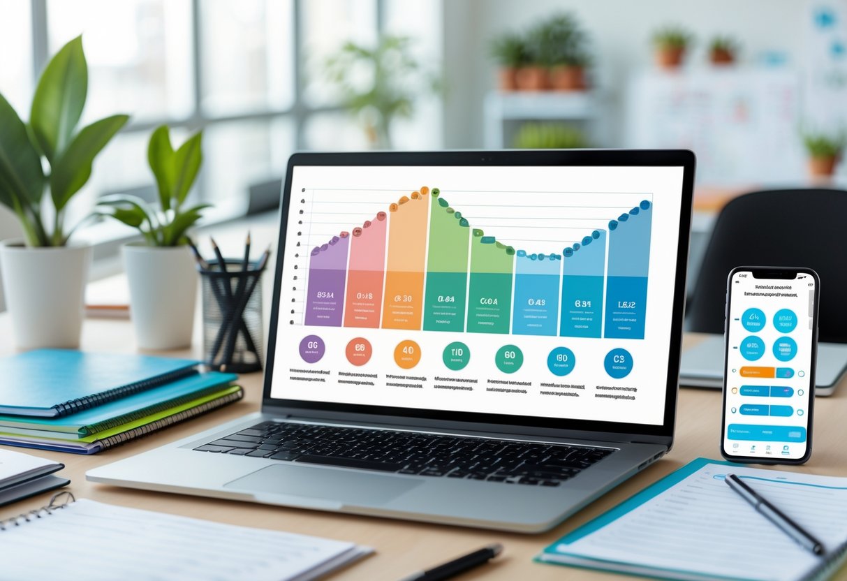 A modern workspace with a laptop showing colorful charts and a smartphone displaying a language learning app, surrounded by study materials in a bright office setting.